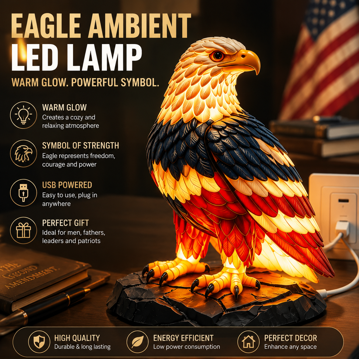 Eagle Ambient LED Desk Lamp – Decorative Warm Glow Night Light USB Powered Home Decor