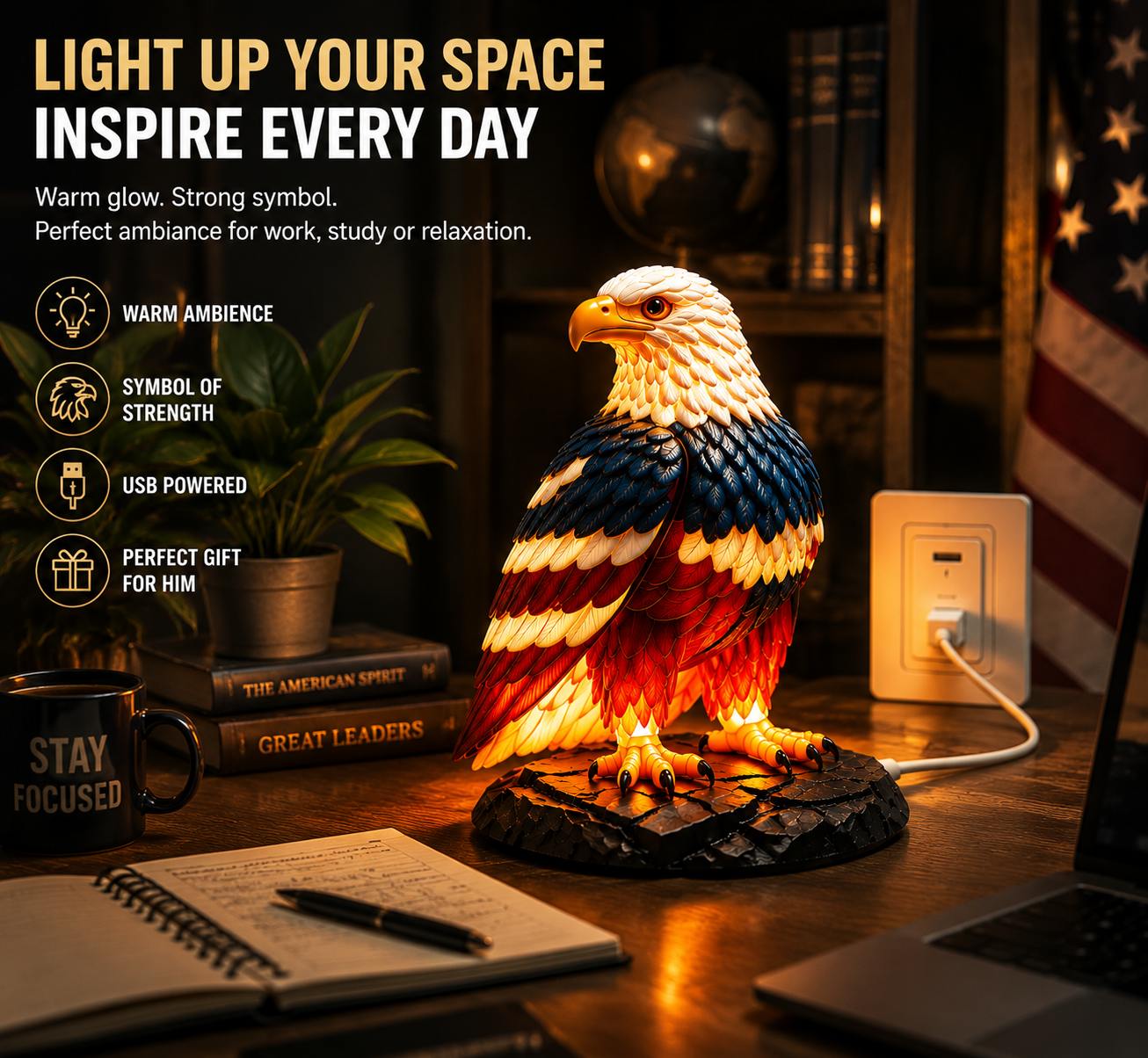 Eagle Ambient LED Desk Lamp – Decorative Warm Glow Night Light USB Powered Home Decor
