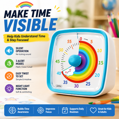 60-Minute Visual Timer with Night Light – Silent Rainbow Countdown Timer for Kids & Adults