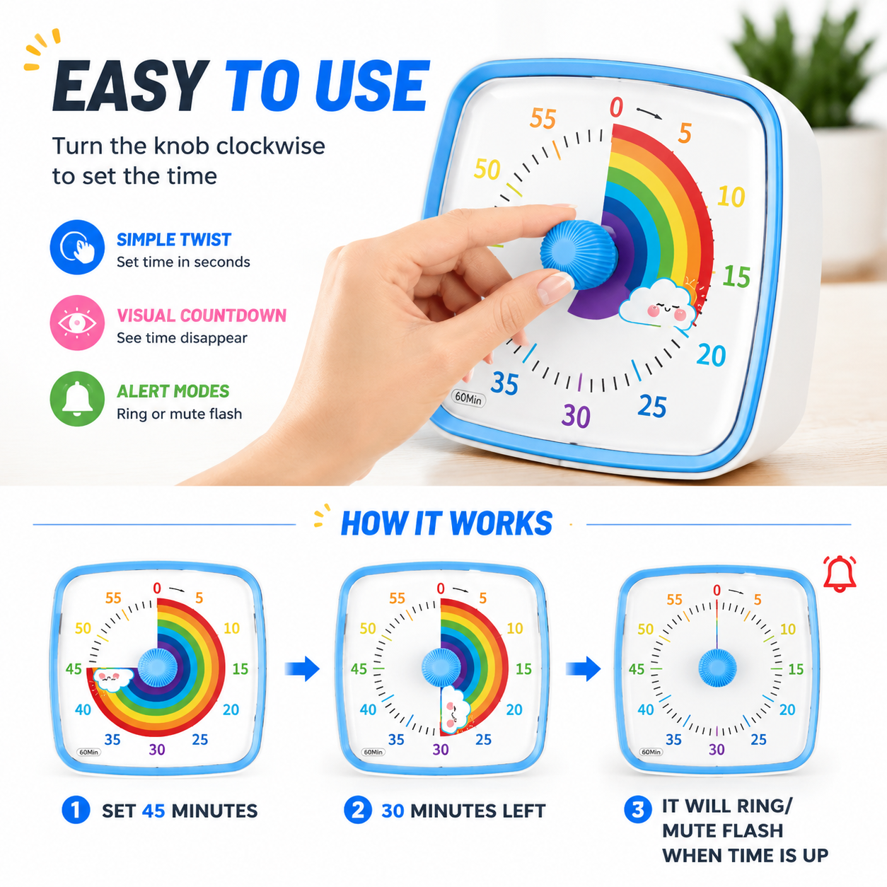 60-Minute Visual Timer with Night Light – Silent Rainbow Countdown Timer for Kids & Adults