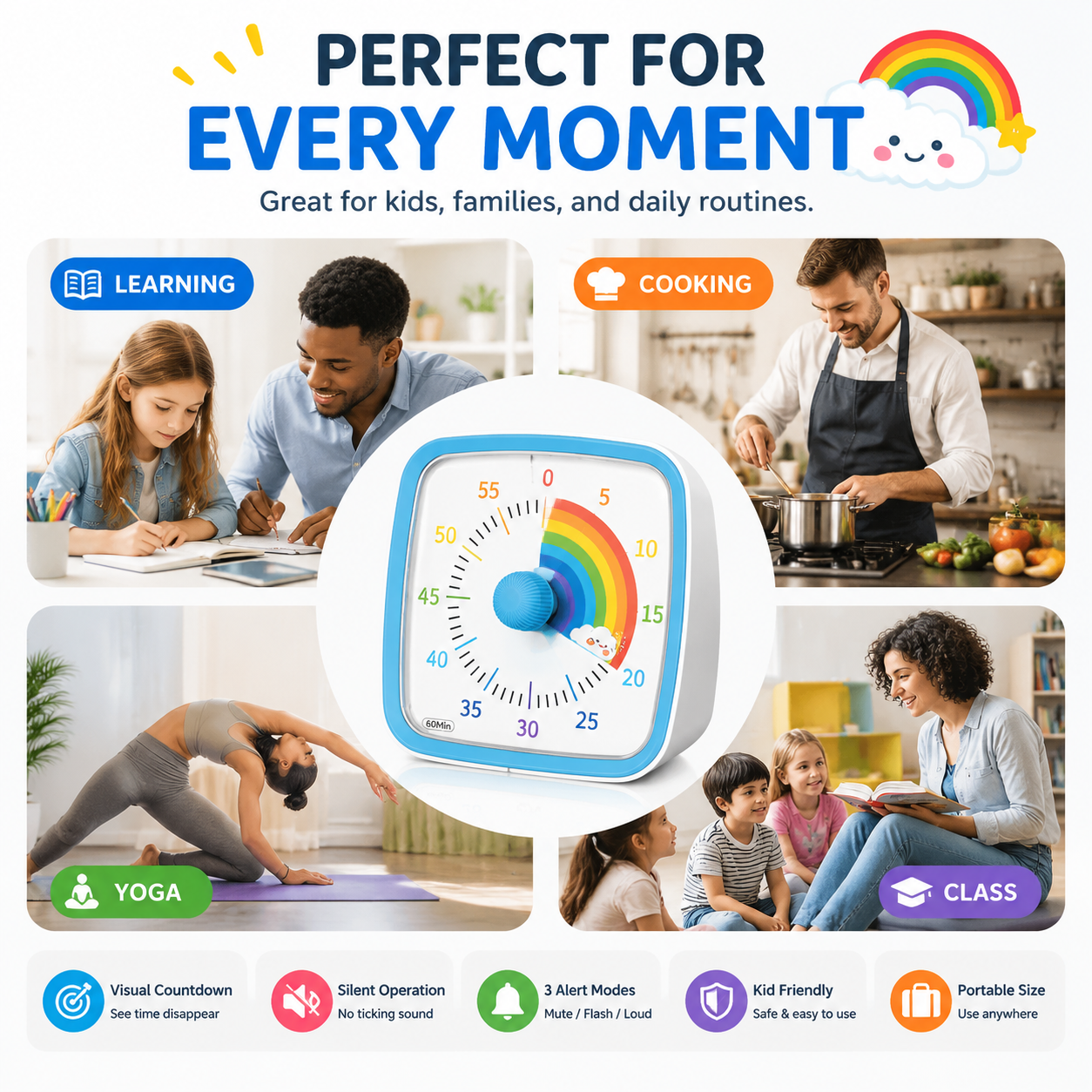 60-Minute Visual Timer with Night Light – Silent Rainbow Countdown Timer for Kids & Adults