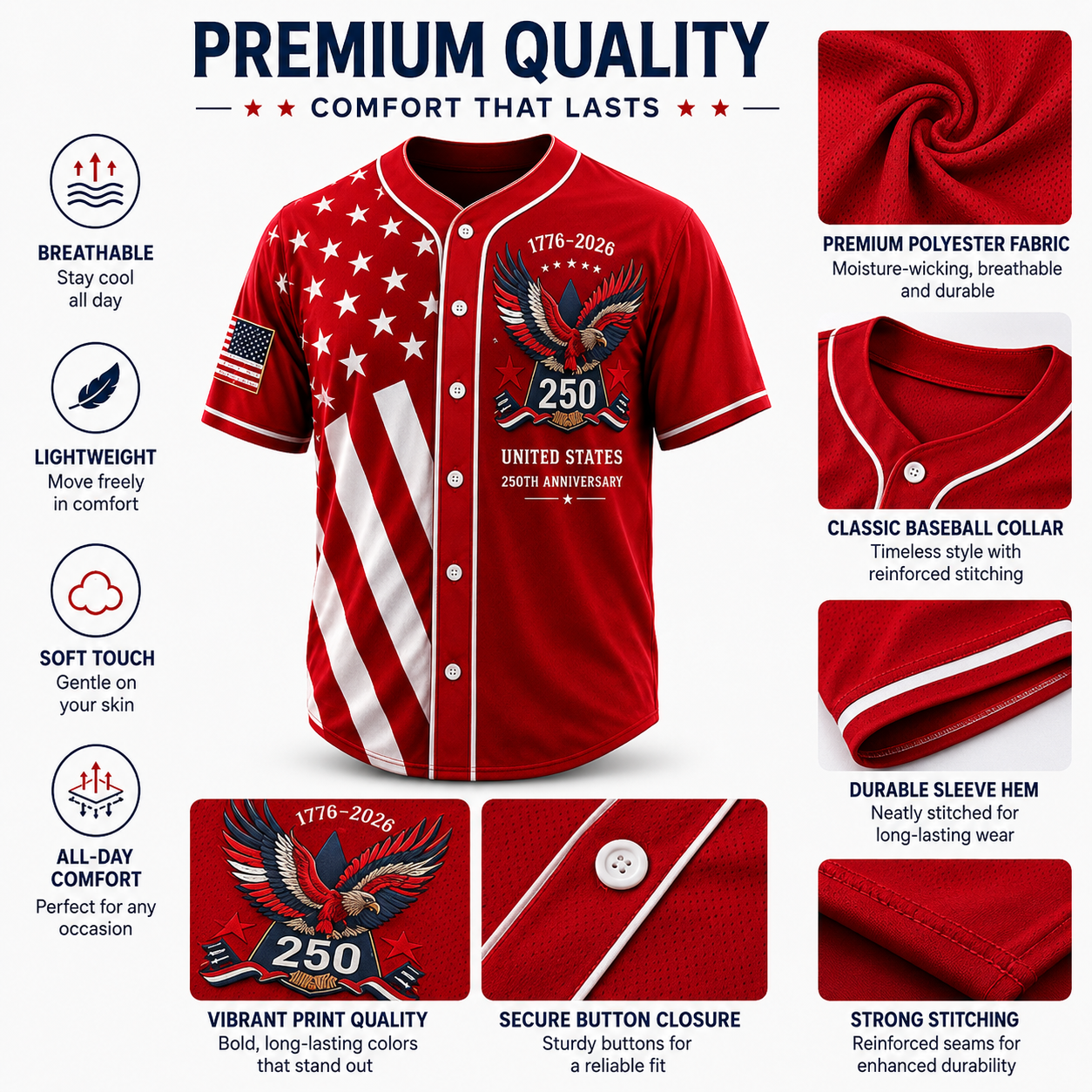 🇺🇸 250th Anniversary Freedom Baseball Jersey – 1776–2026 Limited Edition