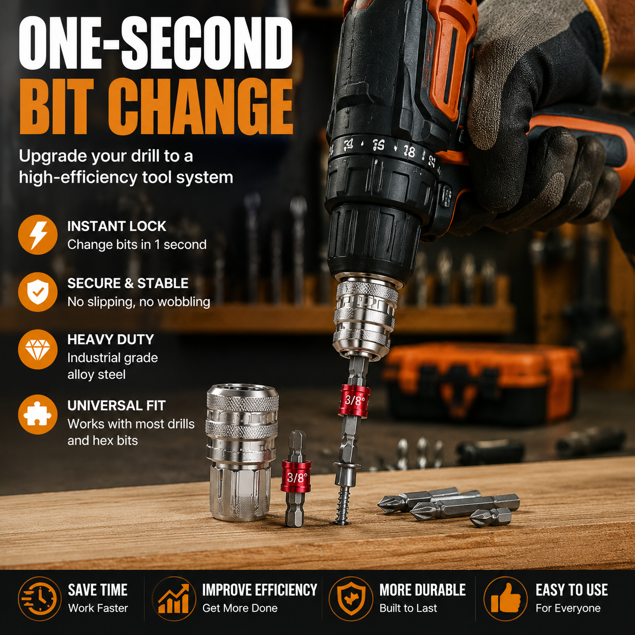 ⚡ 3/8 Quick Change Hex Bit Adapter – One Second Tool Switching System