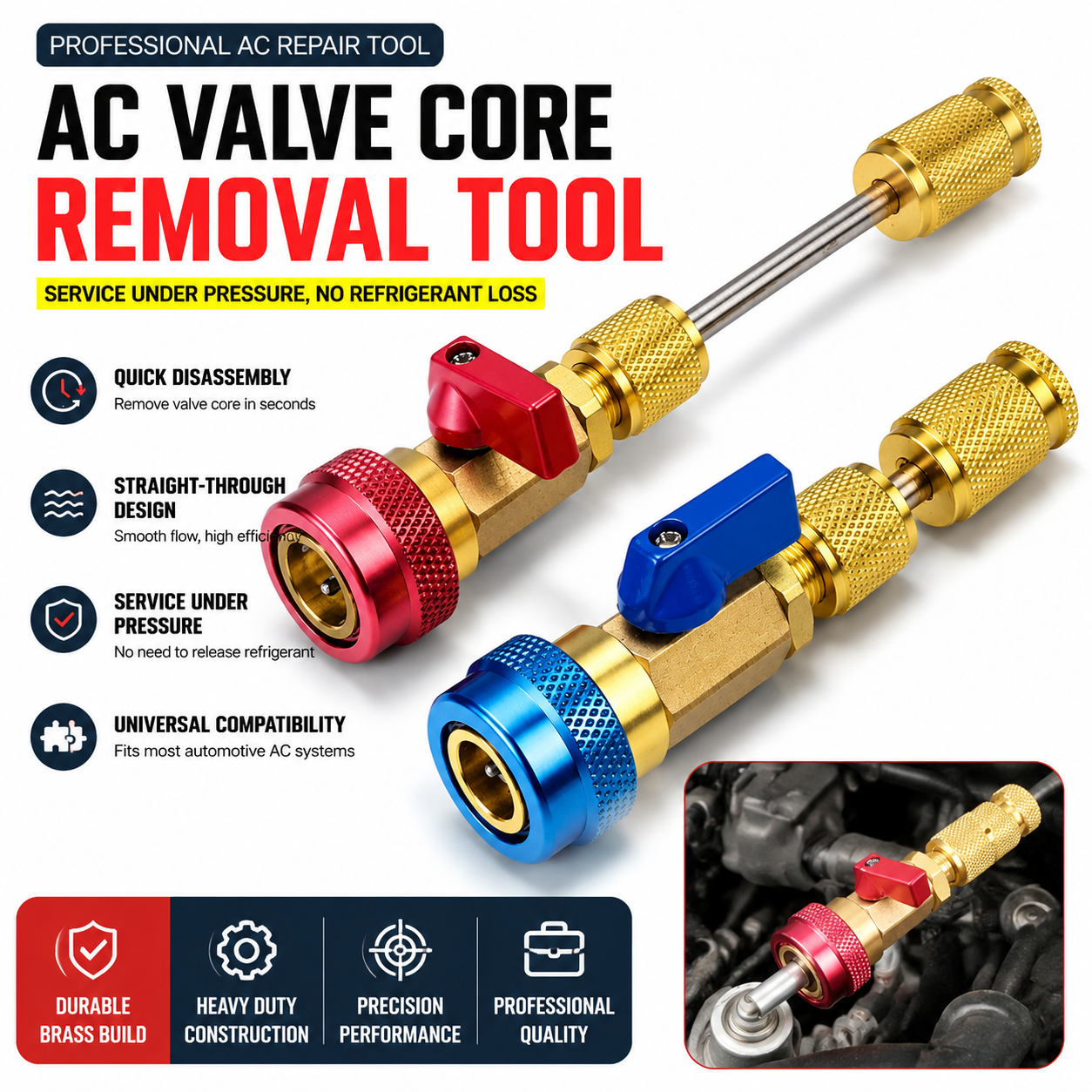 🚗 AC Valve Core Removal Tool – Universal Automotive AC Service Under Pressure Kit