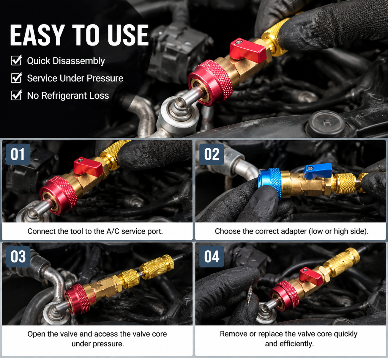 🚗 AC Valve Core Removal Tool – Universal Automotive AC Service Under Pressure Kit