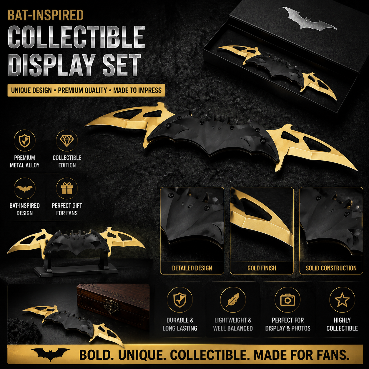 🦇 Bat-Inspired Metal Collectible Set | Premium Aesthetic Display & Cosplay Prop