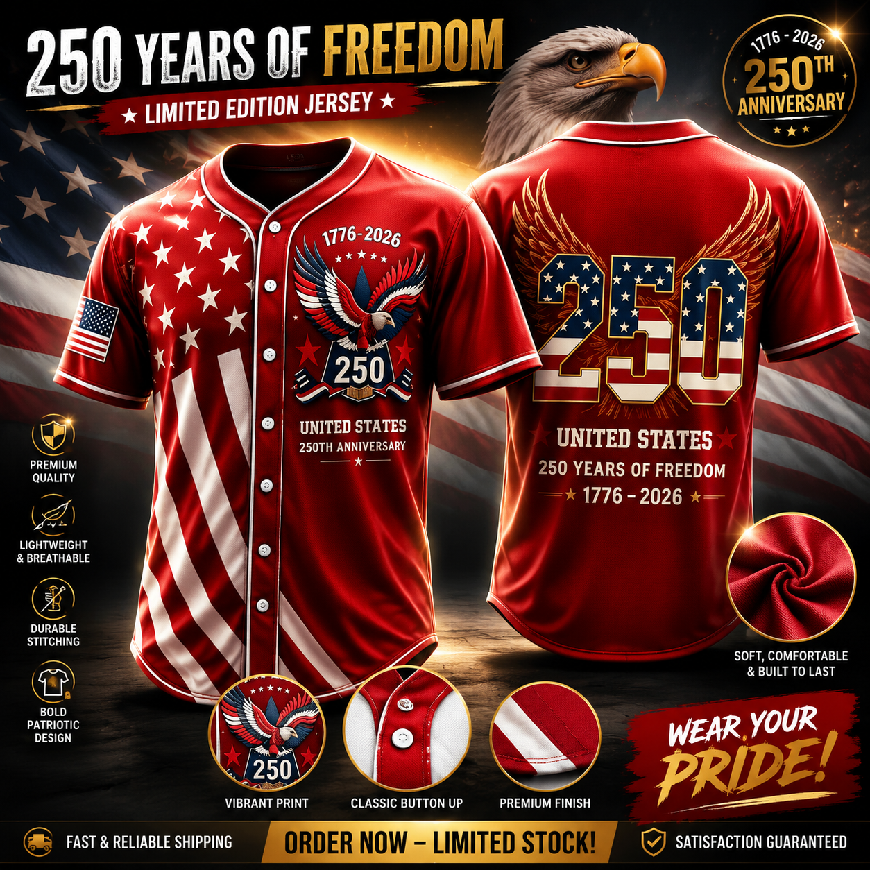 🇺🇸 250th Anniversary Freedom Baseball Jersey – 1776–2026 Limited Edition