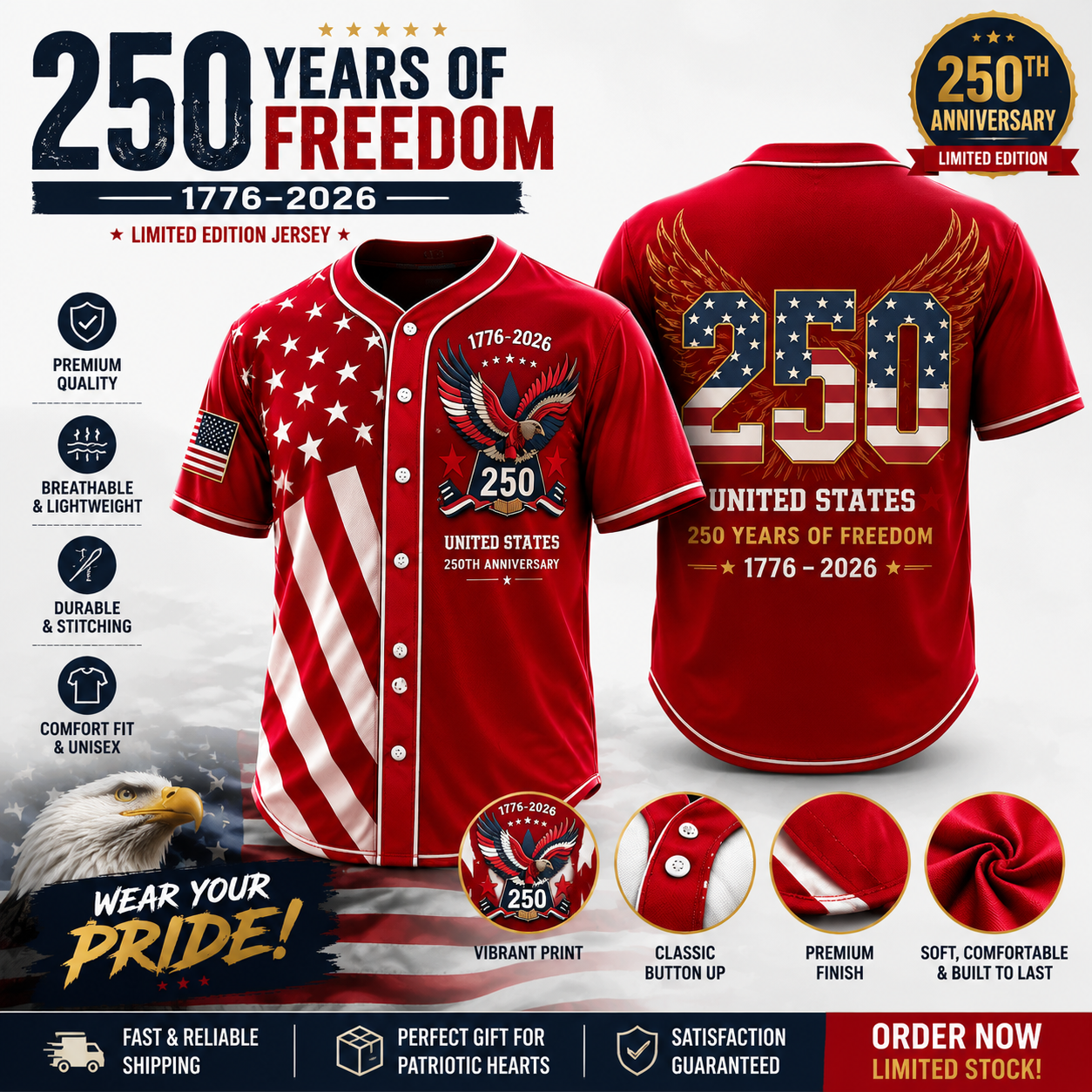 🇺🇸 250th Anniversary Freedom Baseball Jersey – 1776–2026 Limited Edition