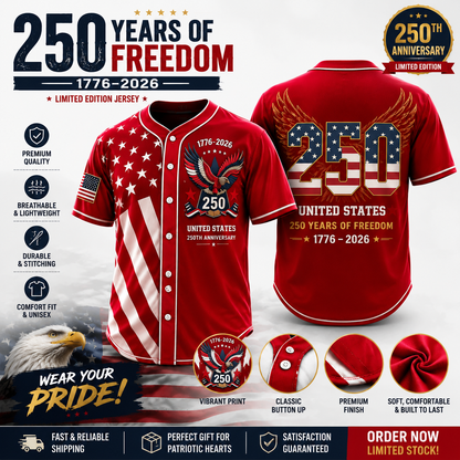 🇺🇸 250th Anniversary Freedom Baseball Jersey – 1776–2026 Limited Edition