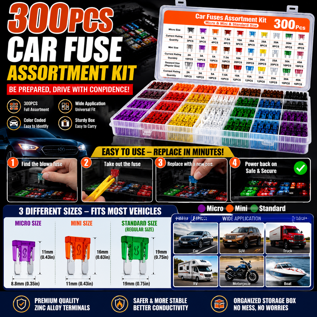 🚗 CarFuse Pro™ | 300PCS Automotive Fuse Kit – Be Ready for Any Road Emergency