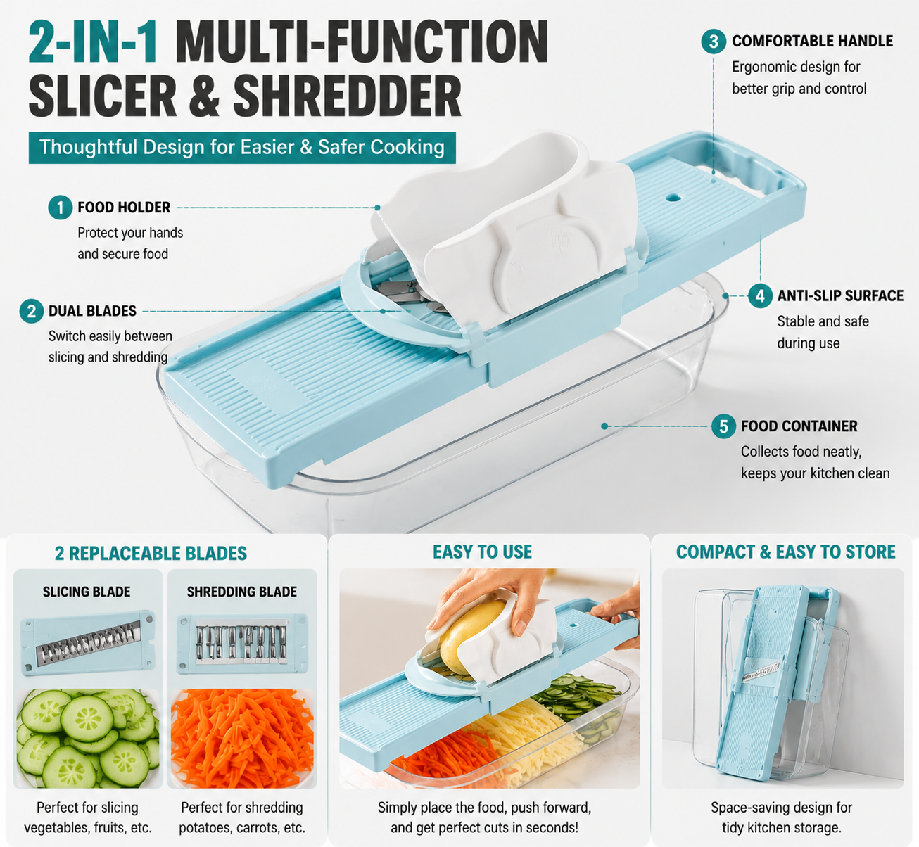 🥔 2-in-1 Multi-Function Vegetable Slicer & Shredder – Fast Potato Cutter for Fries, Salad & Kitchen Prep | Safe Handheld Design with Dual Blades