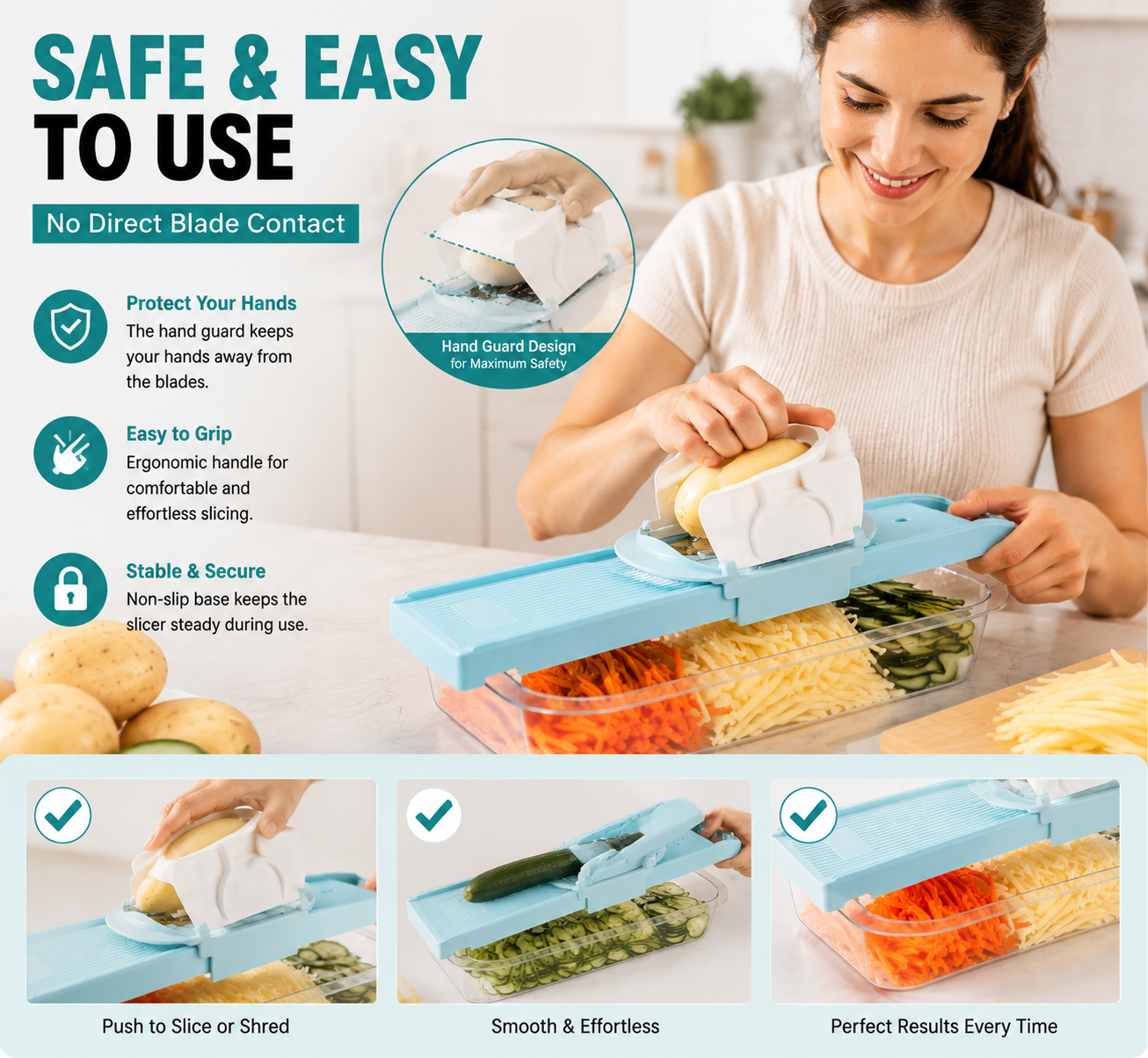 🥔 2-in-1 Multi-Function Vegetable Slicer & Shredder – Fast Potato Cutter for Fries, Salad & Kitchen Prep | Safe Handheld Design with Dual Blades