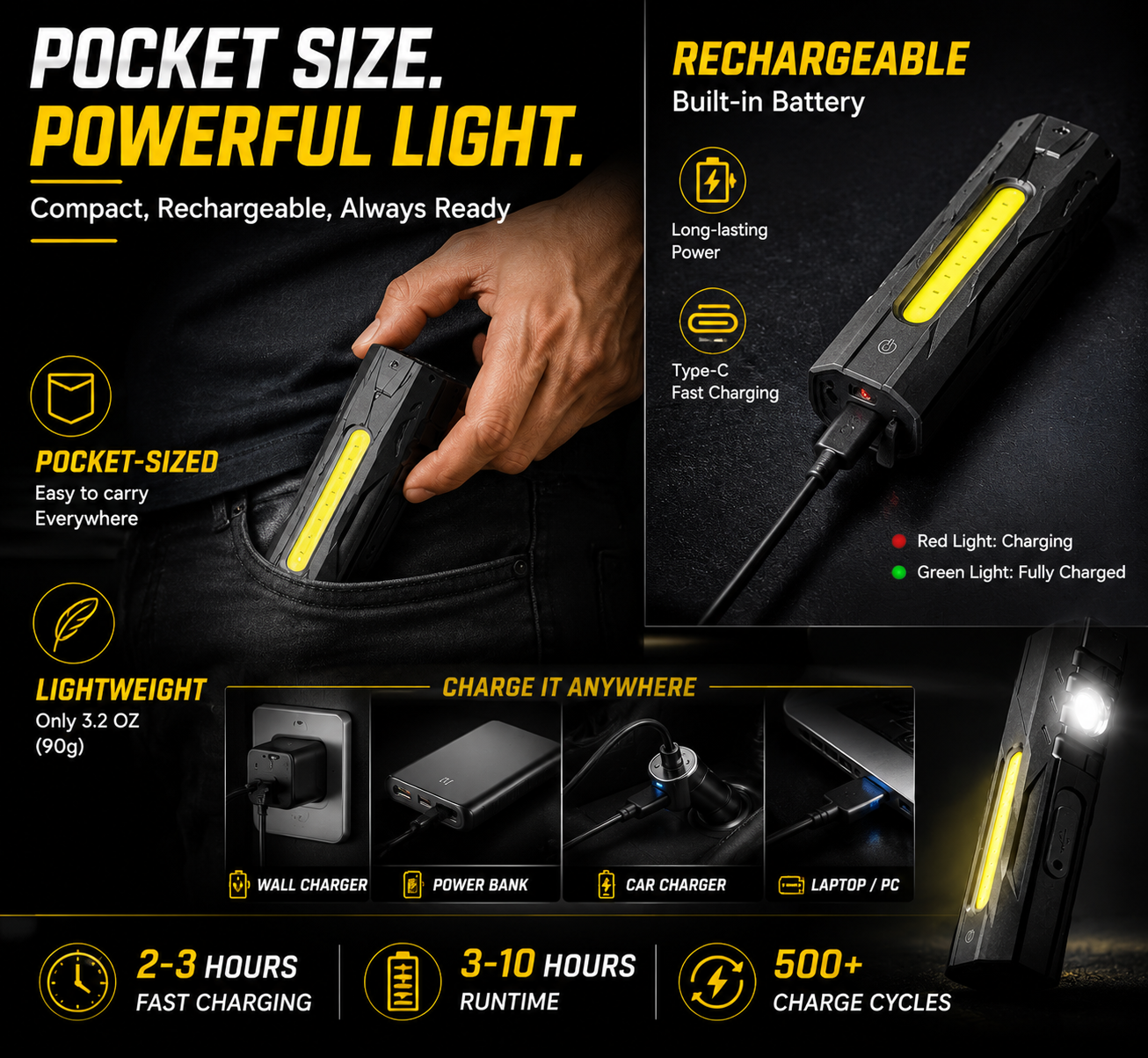 Magnetic Pocket Work Light – Hands-Free Lighting for Repairs, Camping & Emergencies