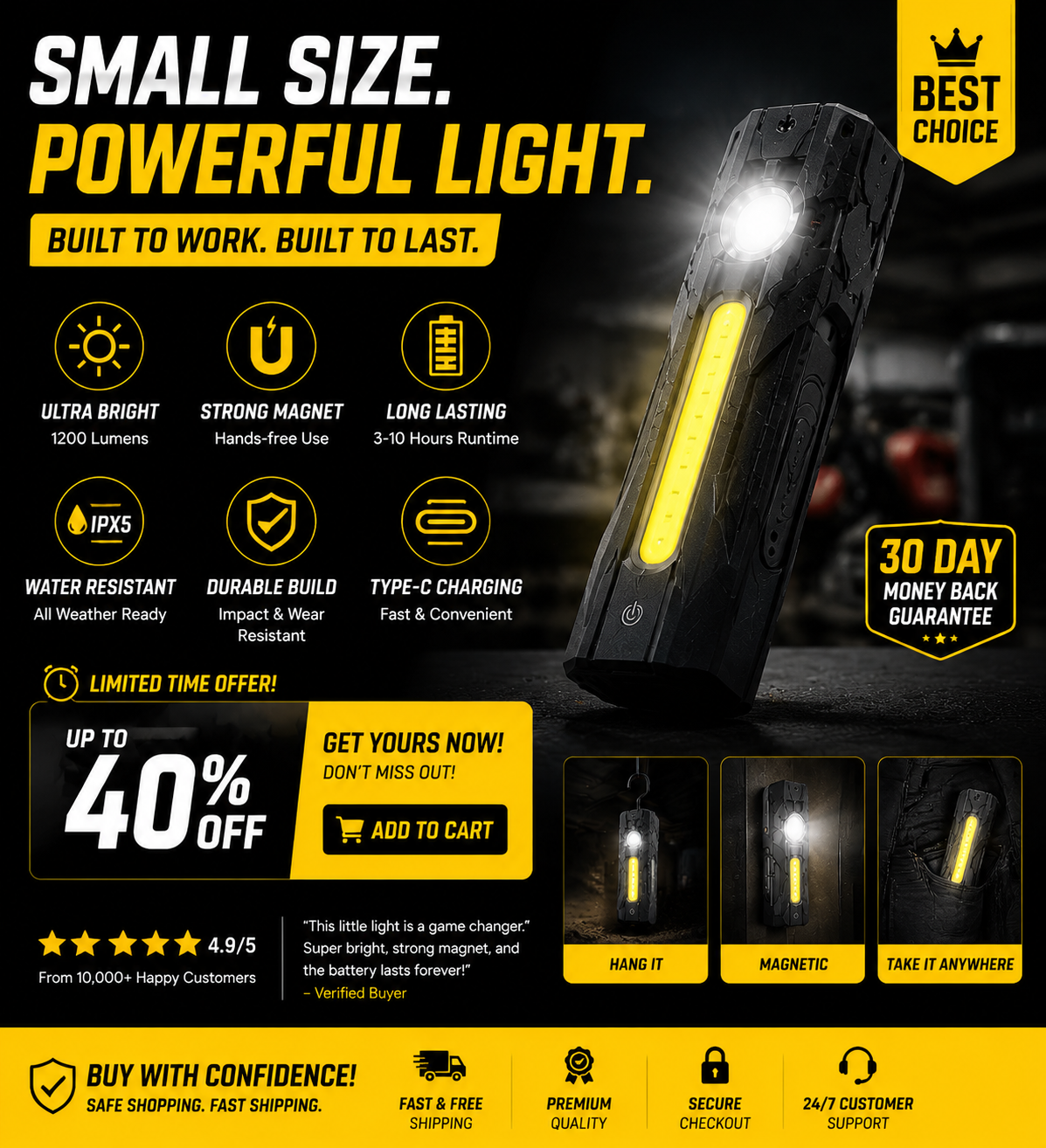 Magnetic Pocket Work Light – Hands-Free Lighting for Repairs, Camping & Emergencies