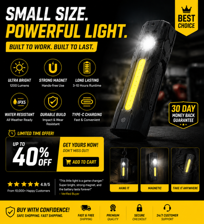 Magnetic Pocket Work Light – Hands-Free Lighting for Repairs, Camping & Emergencies