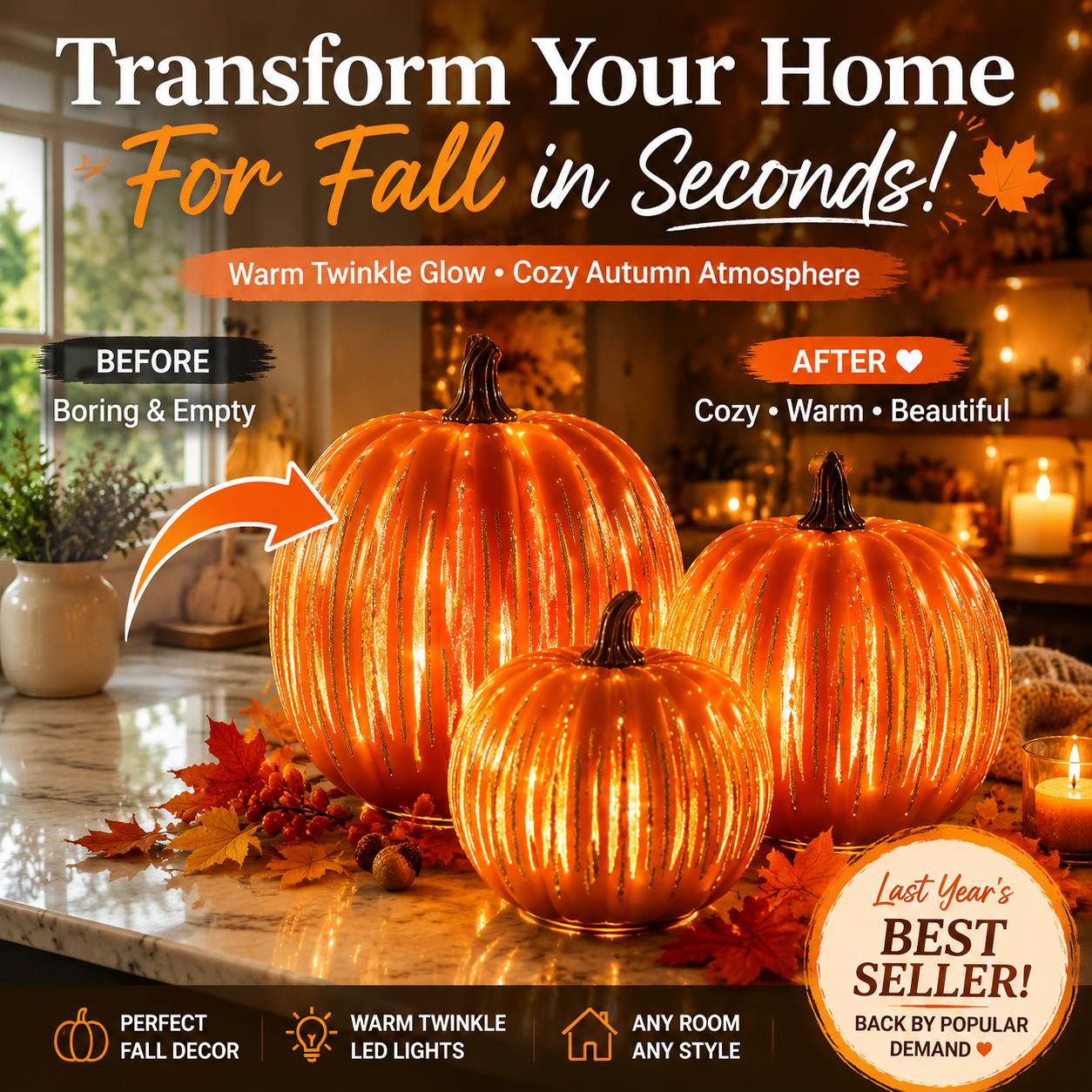 🎃 Twinkle Pumpkin Decor – Cozy Fall LED Light for Halloween, Thanksgiving & Autumn Home Decoration