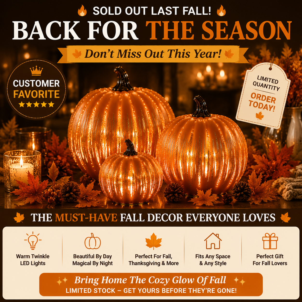 🎃 Twinkle Pumpkin Decor – Cozy Fall LED Light for Halloween, Thanksgiving & Autumn Home Decoration