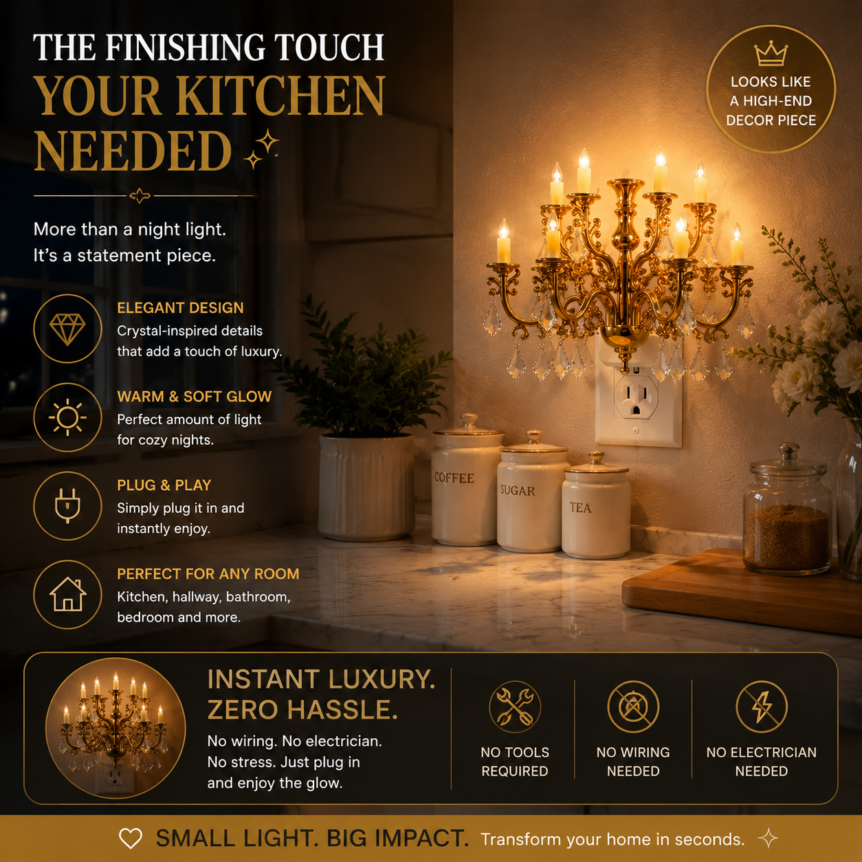 💎 Crystal Chandelier Plug-In Night Light – Instant Luxury Home Decor Outlet Lamp for Kitchen & Bedroom
