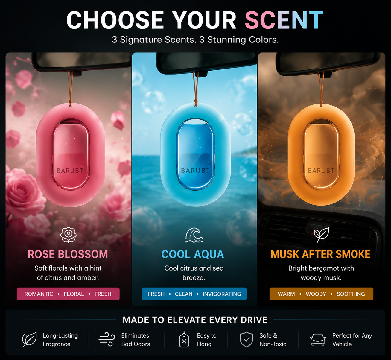 🚗 Car Air Freshener Hanging – Long Lasting Luxury Scent for Car Interior | Rose, Aqua & Musk Fragrances