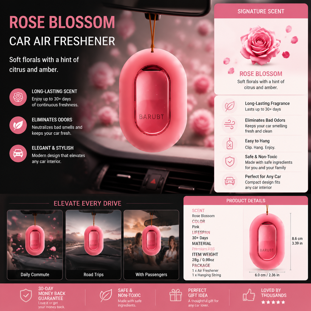 🚗 Car Air Freshener Hanging – Long Lasting Luxury Scent for Car Interior | Rose, Aqua & Musk Fragrances