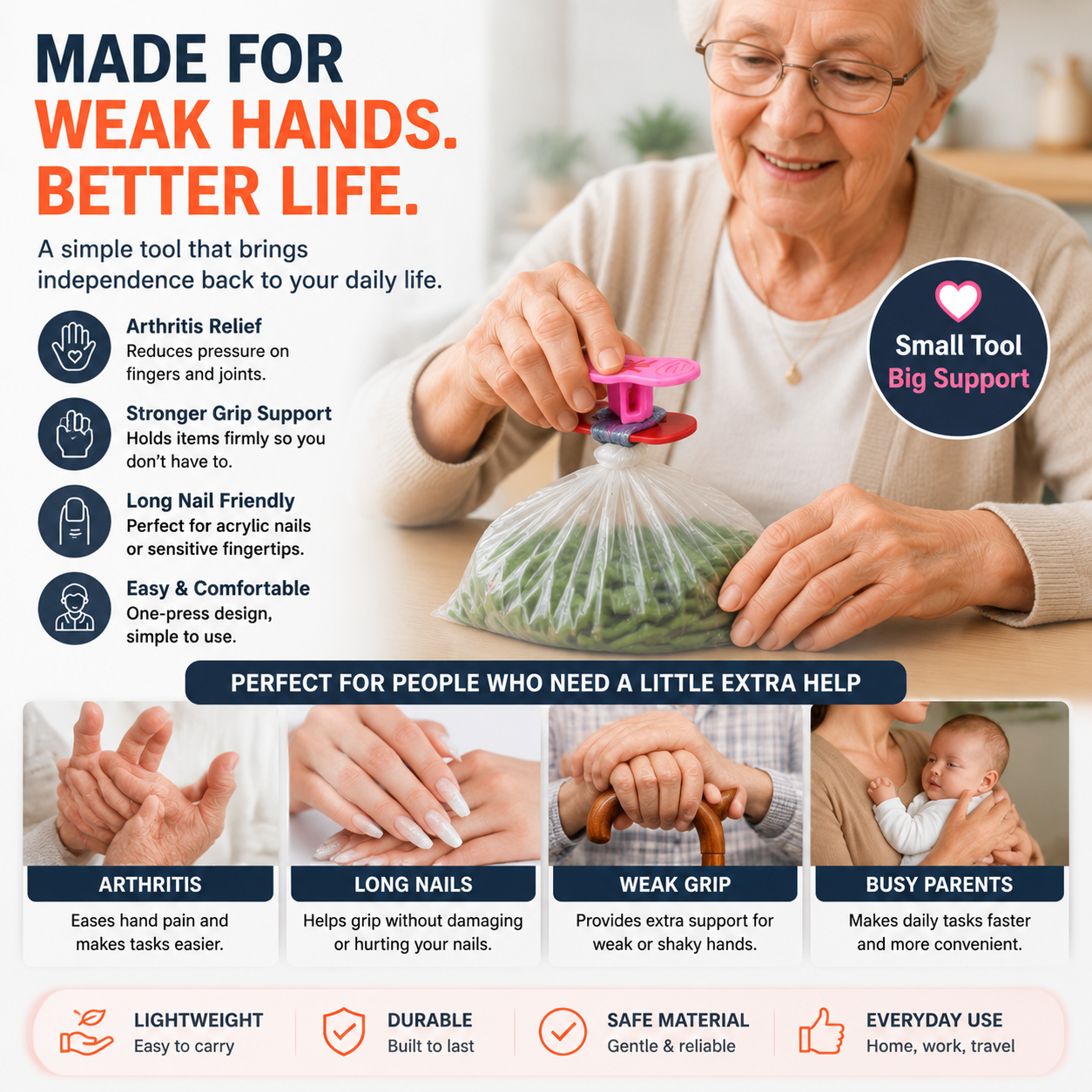 🧤 Hands-Free Grip Assist Tool – Arthritis & Weak Hand Strength Daily Living Aid Clip