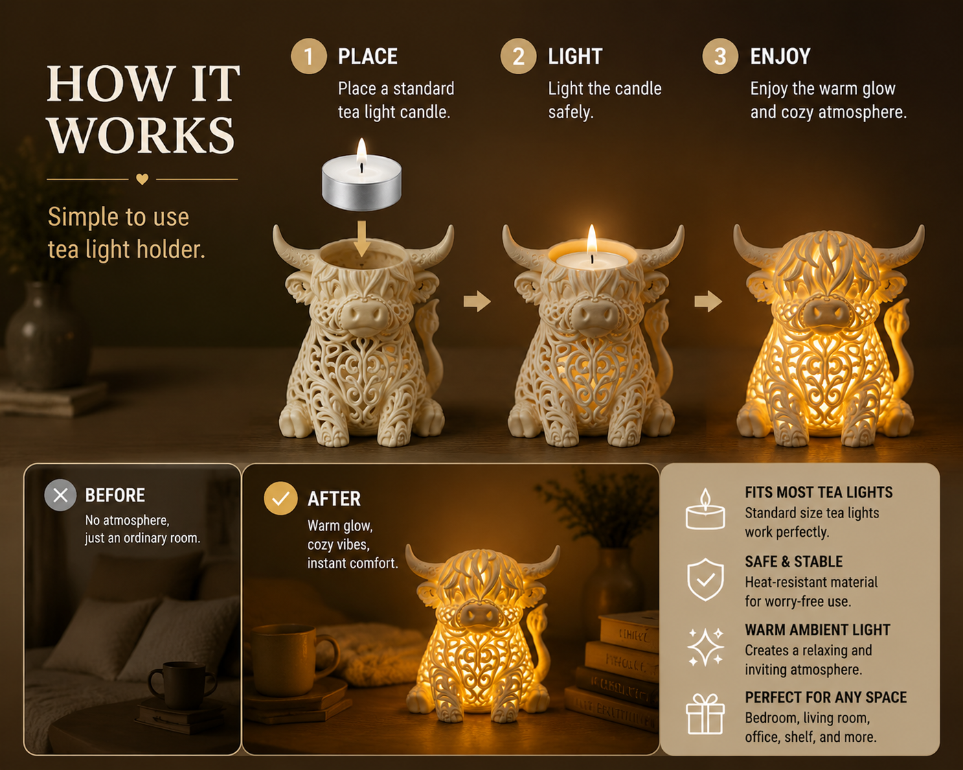 🐮 Highland Cow Candle Holder – Cozy Home Decor Ambient Light for Warm & Relaxing Room Atmosphere
