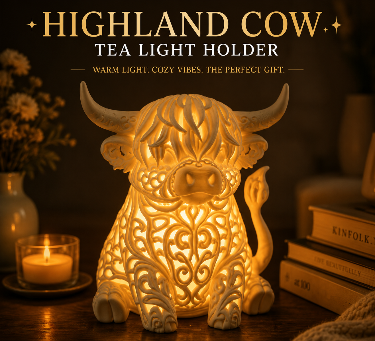 🐮 Highland Cow Candle Holder – Cozy Home Decor Ambient Light for Warm & Relaxing Room Atmosphere