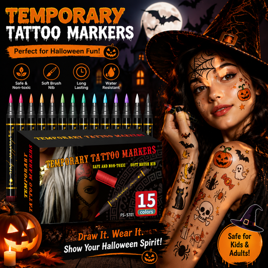Temporary Tattoo Markers Set 🎨 – Skin-Safe Face Paint & Body Art Kit for Halloween & Parties