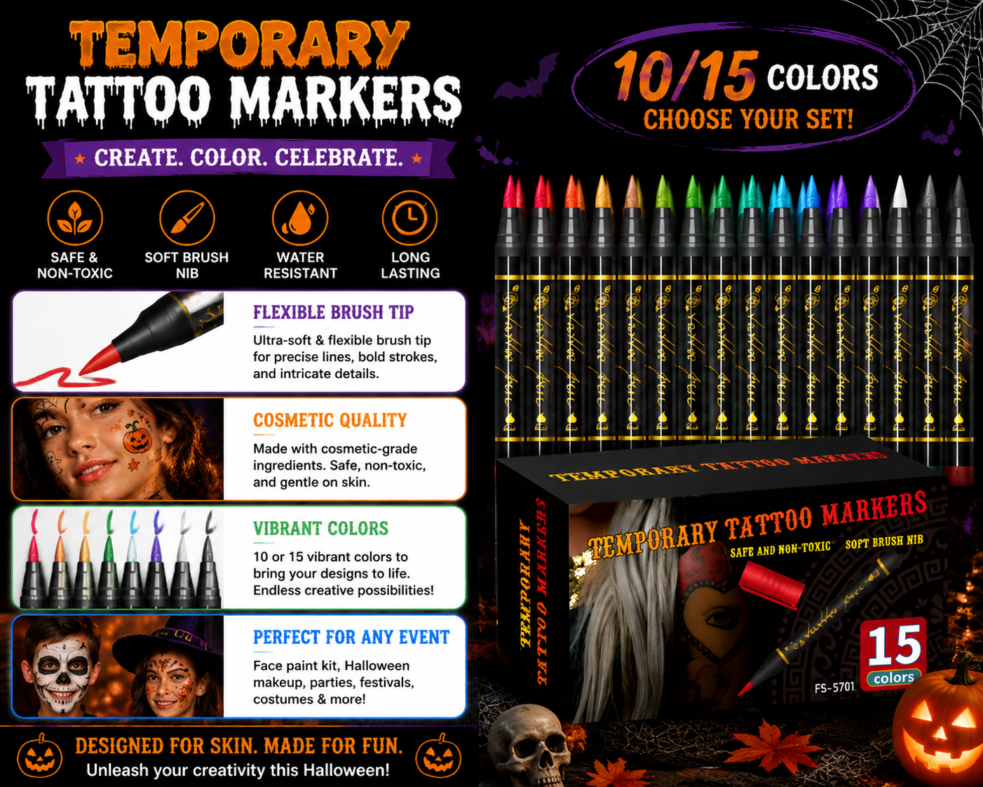 Temporary Tattoo Markers Set 🎨 – Skin-Safe Face Paint & Body Art Kit for Halloween & Parties