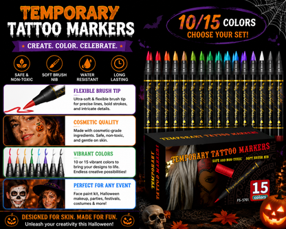 Temporary Tattoo Markers Set 🎨 – Skin-Safe Face Paint & Body Art Kit for Halloween & Parties