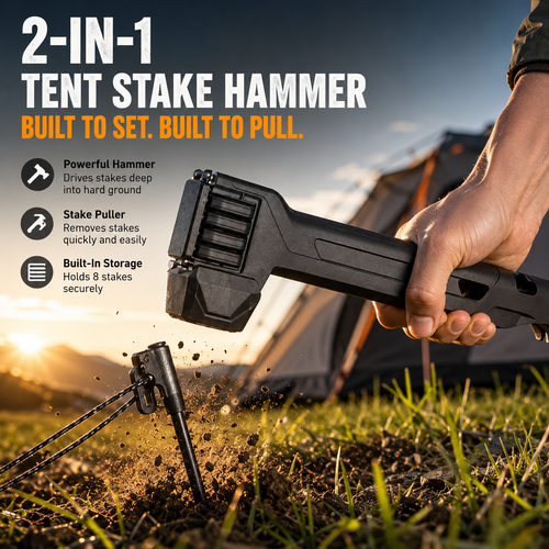 2-in-1 Tent Stake Hammer with Built-In Storage for 8 Stakes and Stake Puller for Outdoor Camping