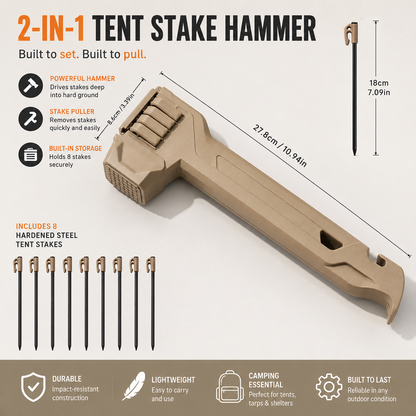 2-in-1 Tent Stake Hammer with Built-In Storage for 8 Stakes and Stake Puller for Outdoor Camping