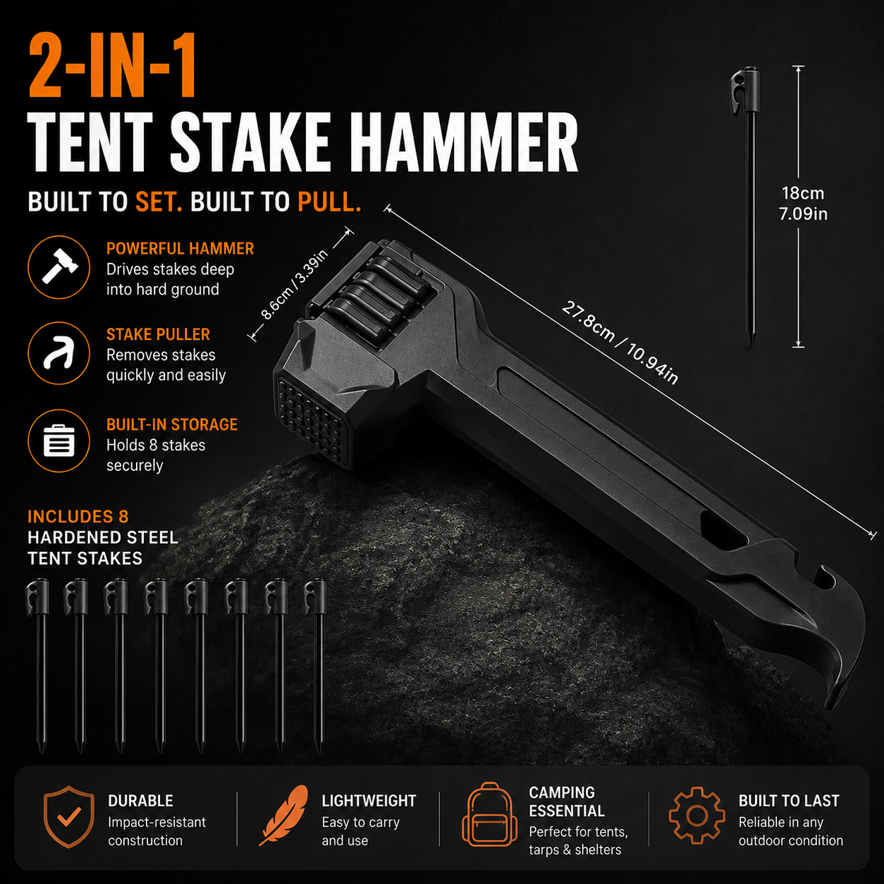 2-in-1 Tent Stake Hammer with Built-In Storage for 8 Stakes and Stake Puller for Outdoor Camping