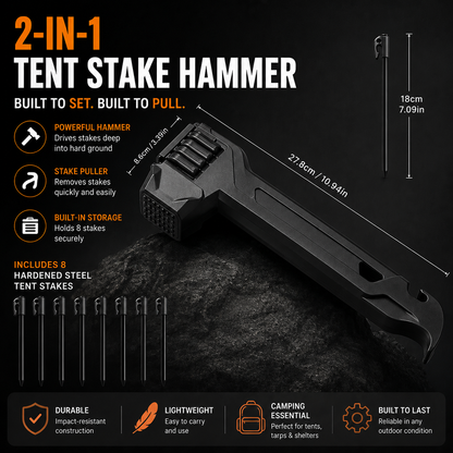 2-in-1 Tent Stake Hammer with Built-In Storage for 8 Stakes and Stake Puller for Outdoor Camping
