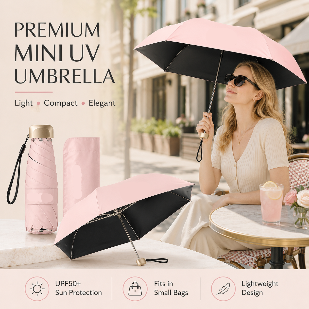 Premium mini UV umbrella in pink for rain and sun protection