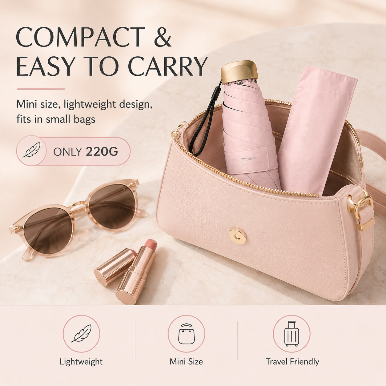 Compact 220 gram mini umbrella fitting inside a small handbag