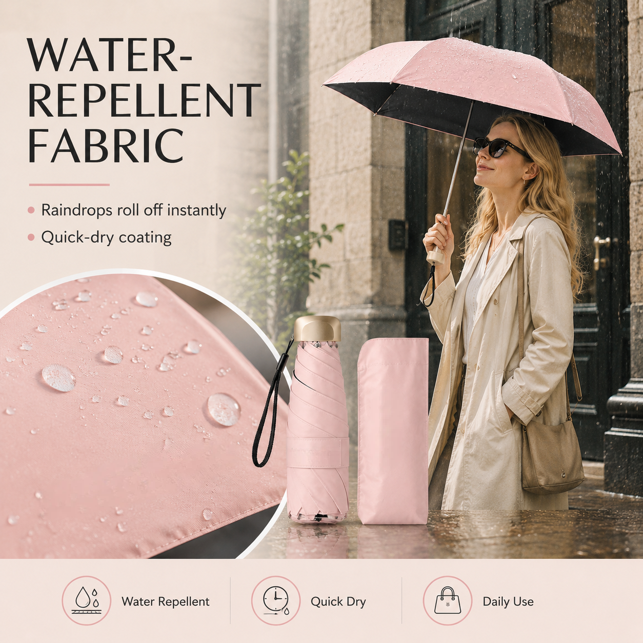 Water repellent pink umbrella in the rain