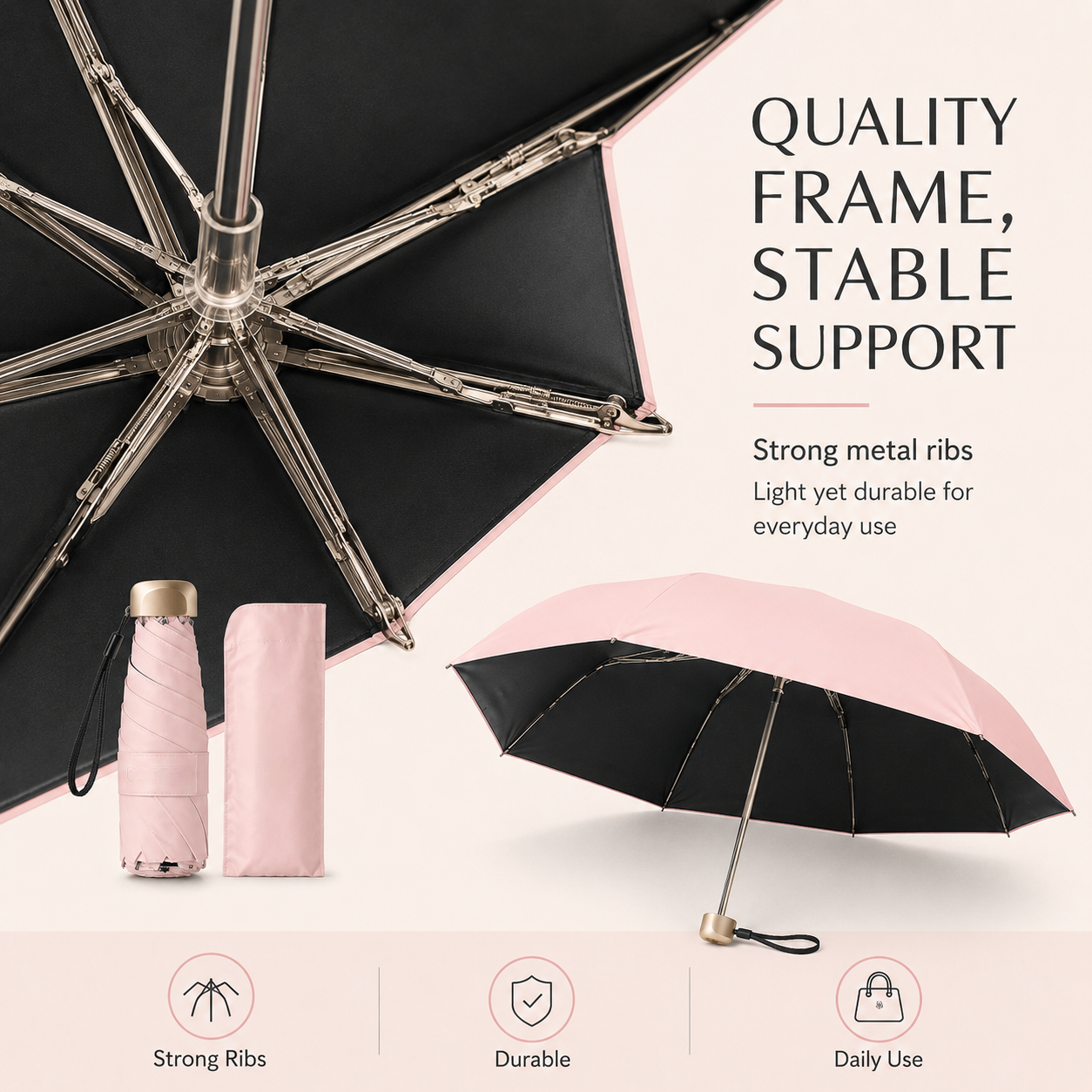 Strong metal rib frame on compact umbrella
