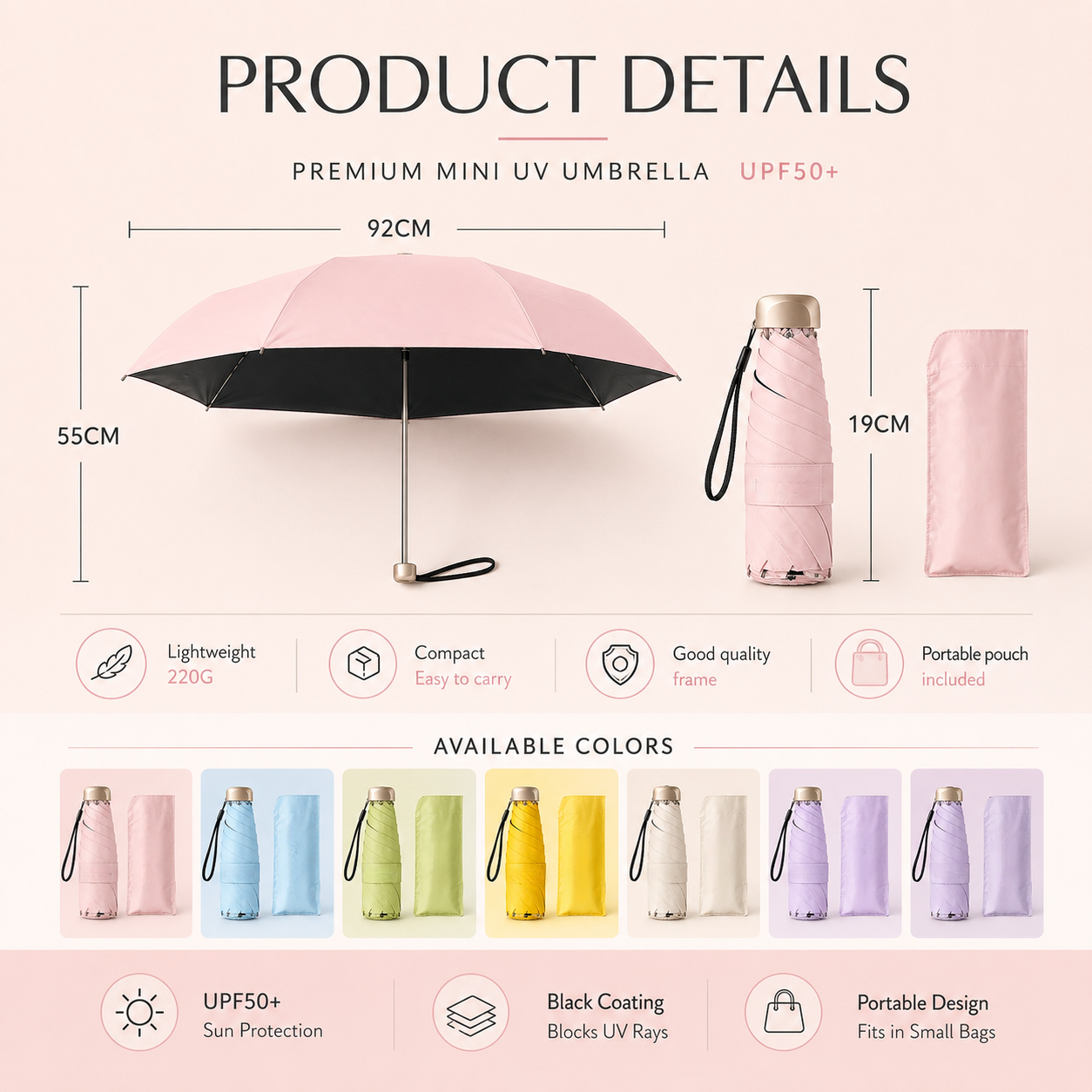 Mini umbrella dimensions weight and available colors