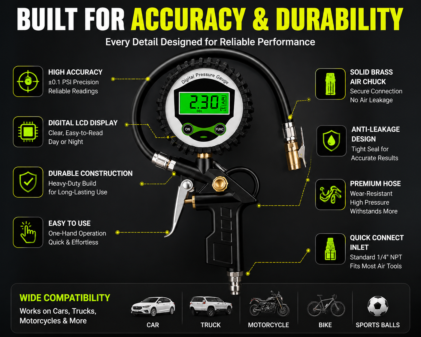 🔧 Digital Tire Pressure Gauge Gun – Accurate LCD Air Pressure Tester for Cars, Trucks & Motorcycles