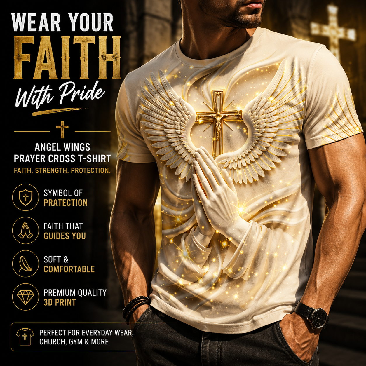 ✝️ Angel Wings Prayer Cross T-Shirt – Faith Inspired 3D Spiritual Graphic Tee for Men