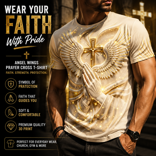 ✝️ Angel Wings Prayer Cross T-Shirt – Faith Inspired 3D Spiritual Graphic Tee for Men
