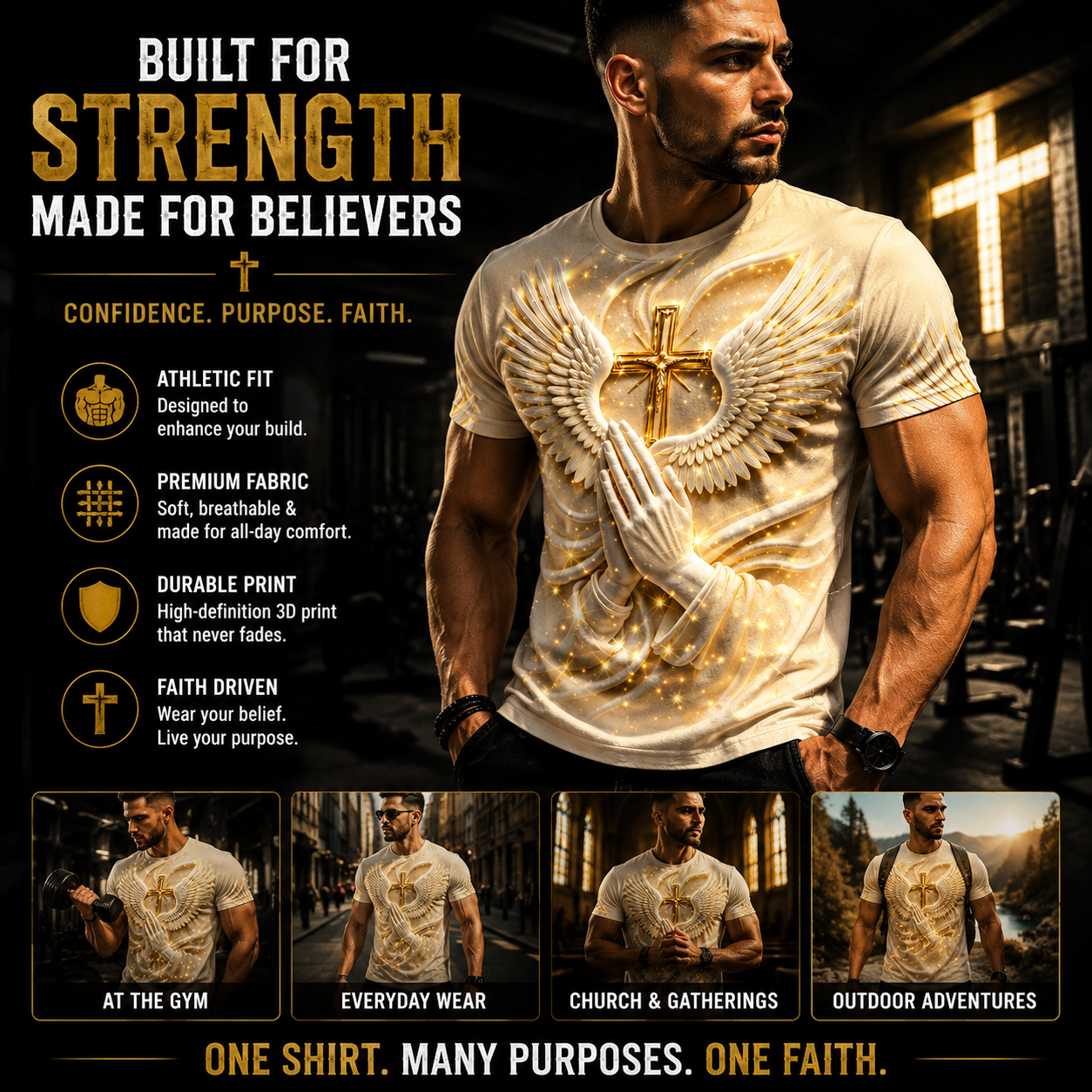 ✝️ Angel Wings Prayer Cross T-Shirt – Faith Inspired 3D Spiritual Graphic Tee for Men