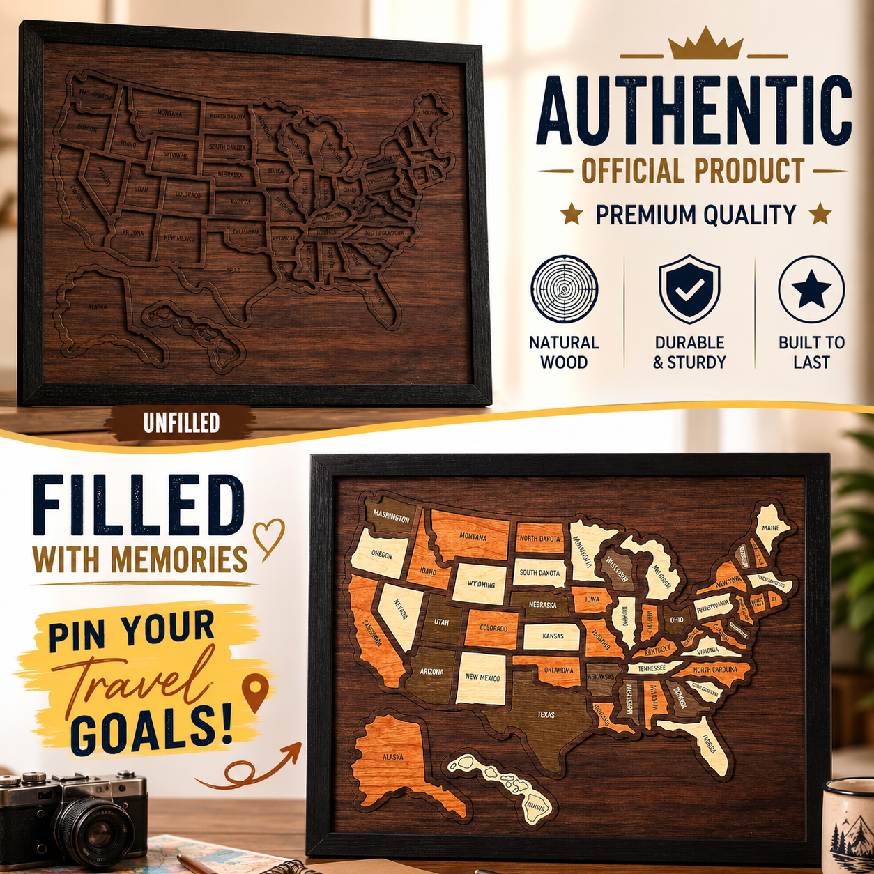 Wooden USA Travel Map Puzzle | Track Your Adventures Across America