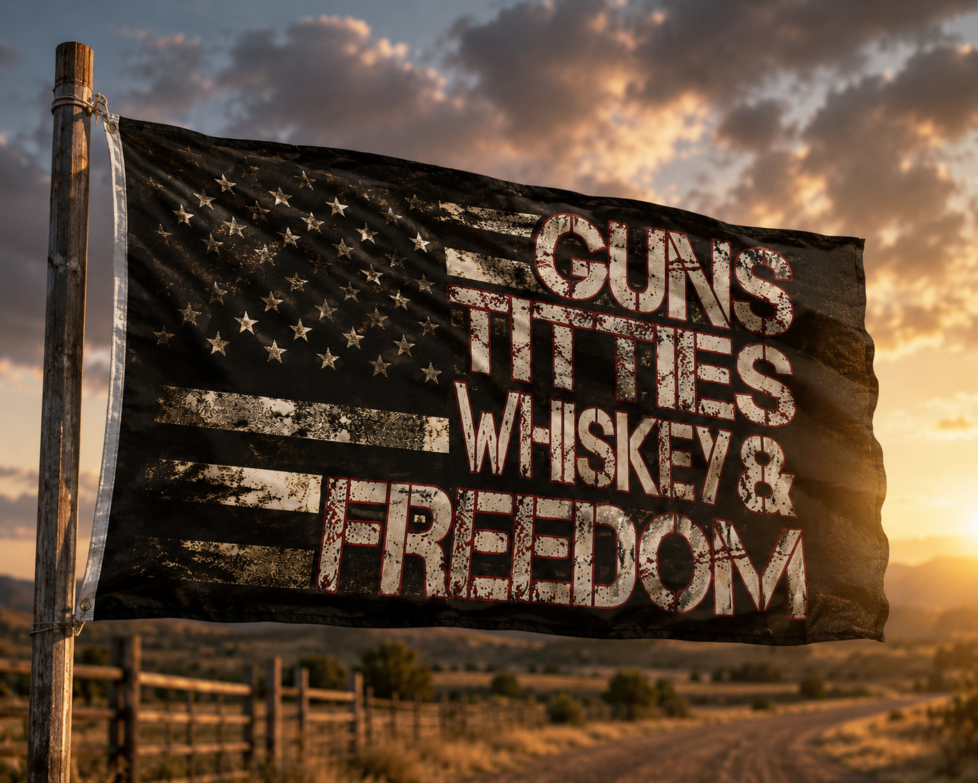 GUNS TITTIES WHISKEY & FREEDOM Flag – Rugged Patriotic Wall & Outdoor Banner