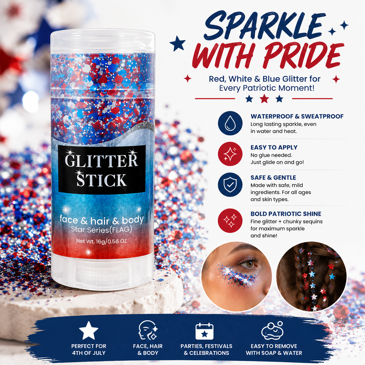 4th of July Red White Blue Glitter Stick – Patriotic Body & Face Glitter