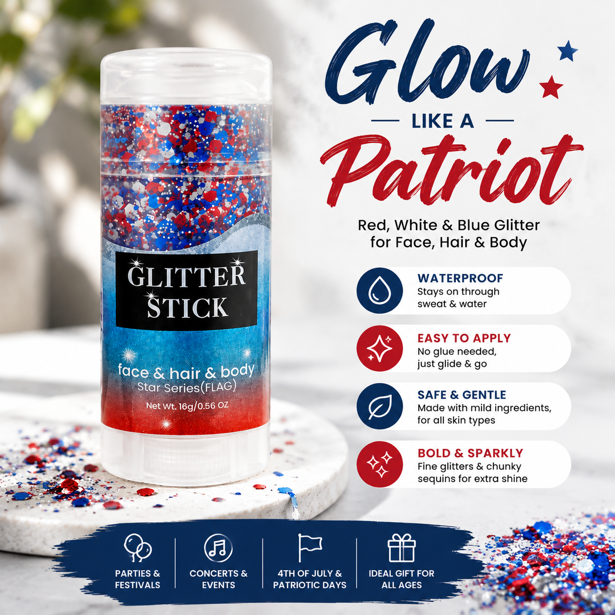 4th of July Red White Blue Glitter Stick – Patriotic Body & Face Glitter