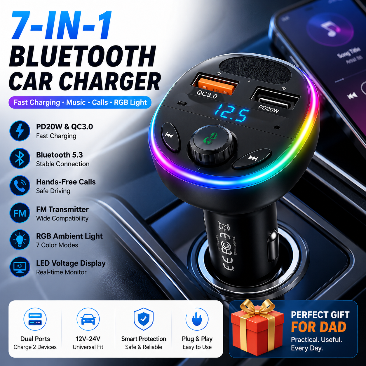 🚗 SmartDrive™ 7-in-1 Bluetooth Car Charger  Fast Charging • Hands-Free Calls • Wireless Music