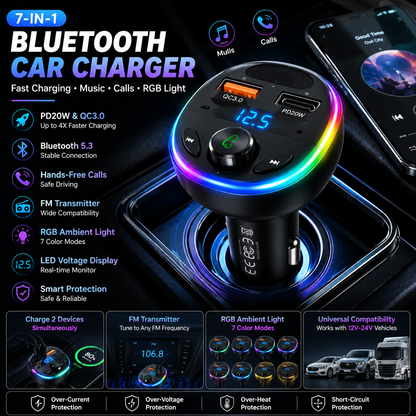 🚗 SmartDrive™ 7-in-1 Bluetooth Car Charger  Fast Charging • Hands-Free Calls • Wireless Music