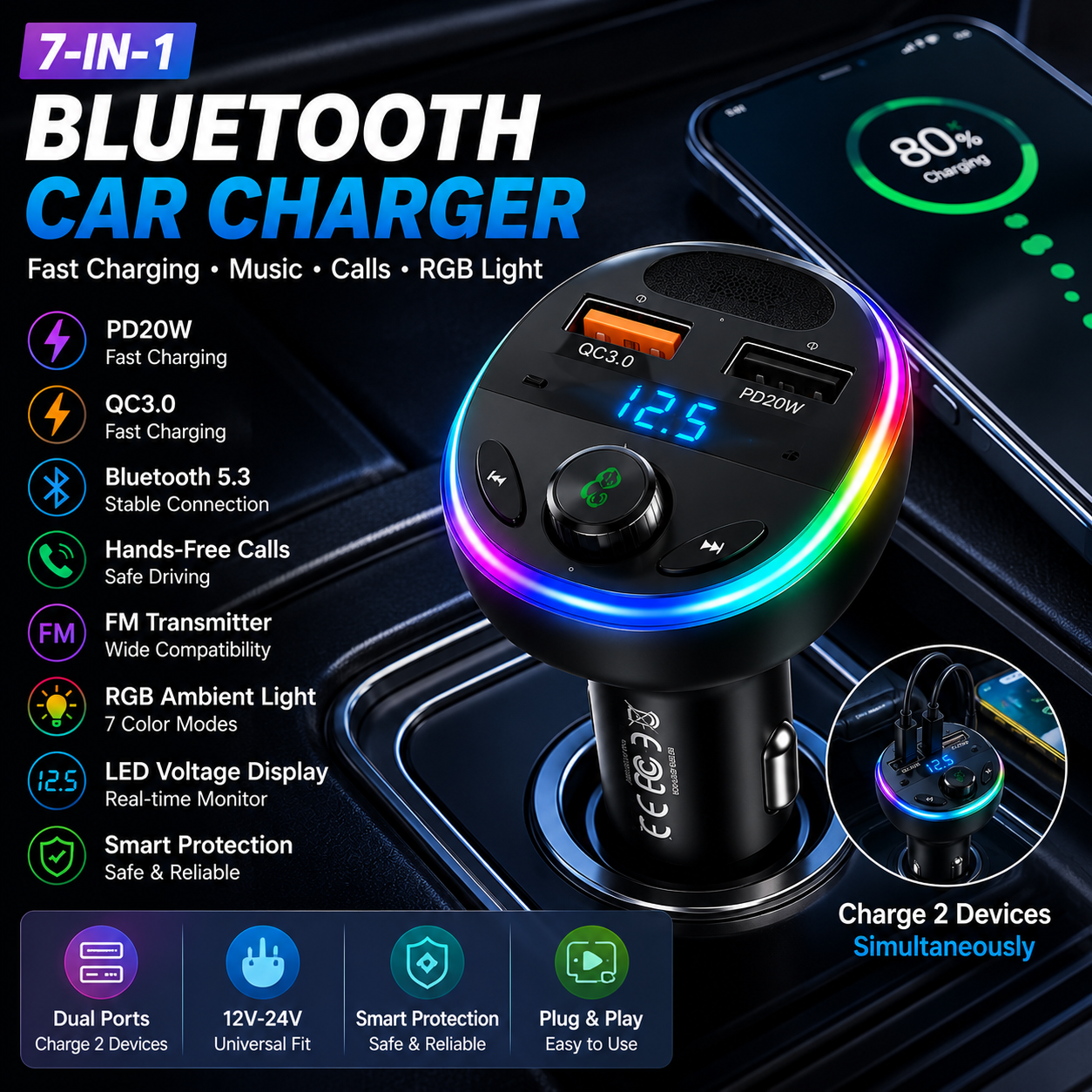 🚗 SmartDrive™ 7-in-1 Bluetooth Car Charger  Fast Charging • Hands-Free Calls • Wireless Music